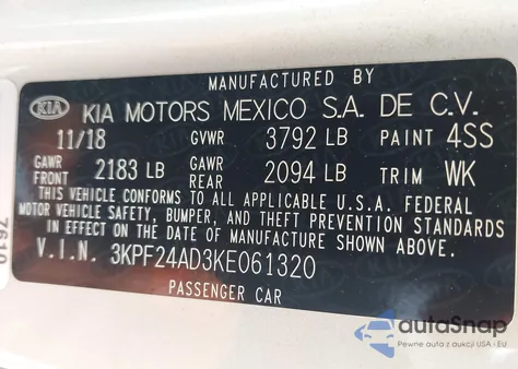 2019 Kia Forte Lxs from USA, damaged, VIN 3KPF24AD3KE061320